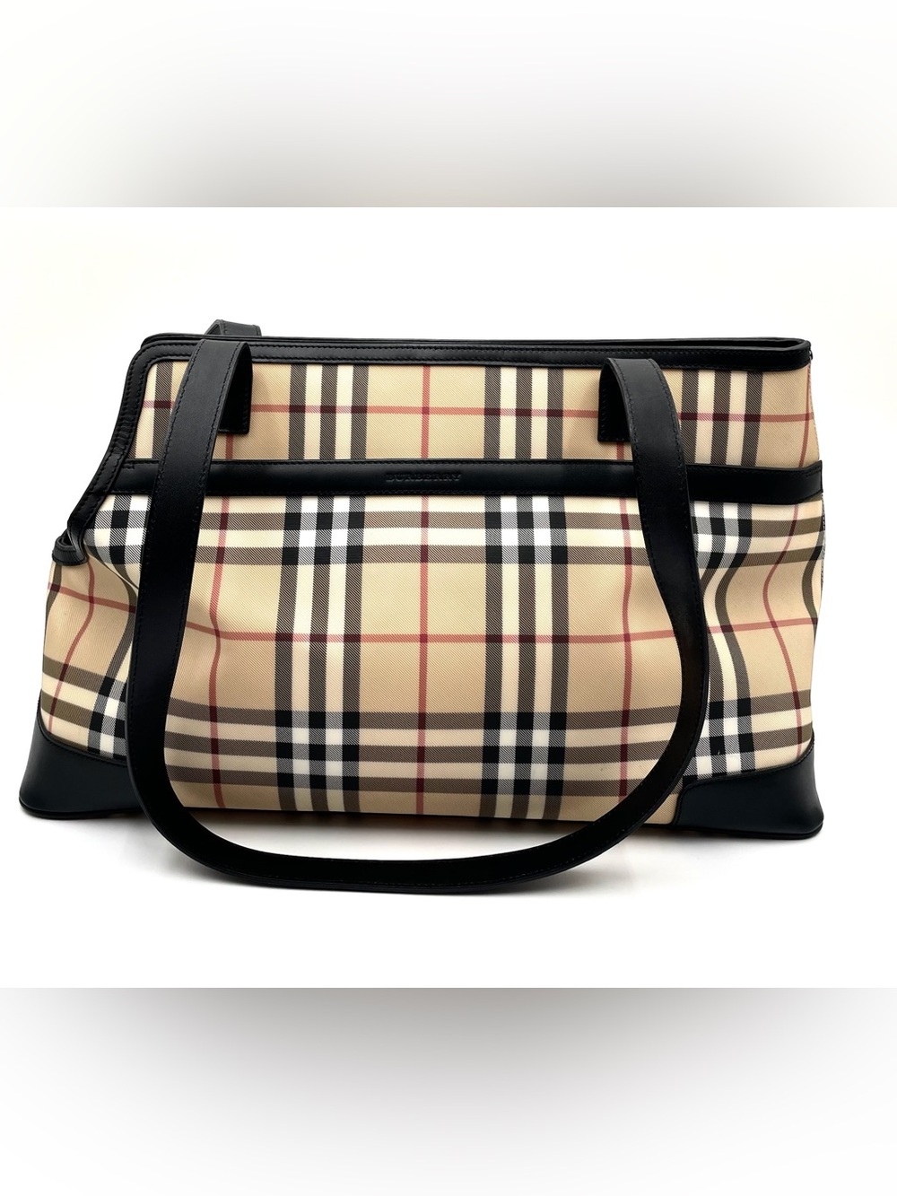 Burberry Nova Check Canvas Tote Bag with Black Leather Trim